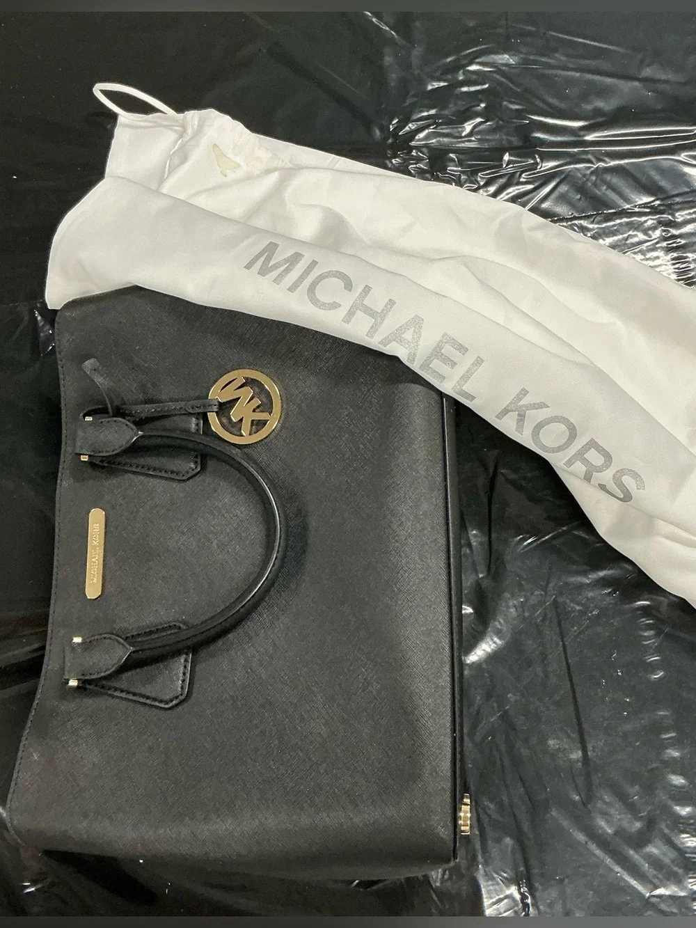 Michael Kors Black Leather Satchel with Gold MK Charm L69-1005